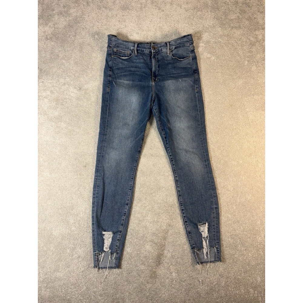 Good American Dark Blue Straight Leg Ripped Hem Jeans